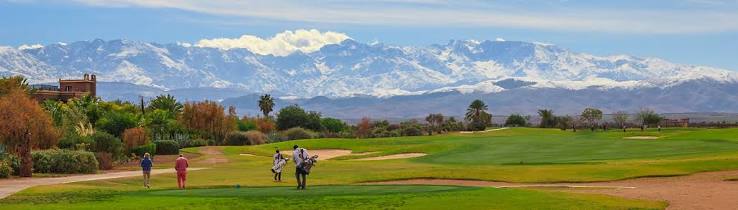 Golf course near Marrakech with the Atlas Mountains in the background — the defining image of Moroccan resort golf